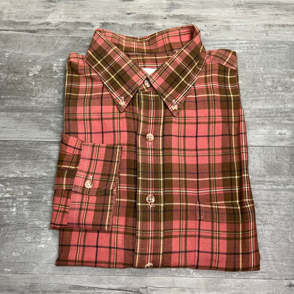 Viyella Pink, Brown & Navy Plaid Wool Shirt L